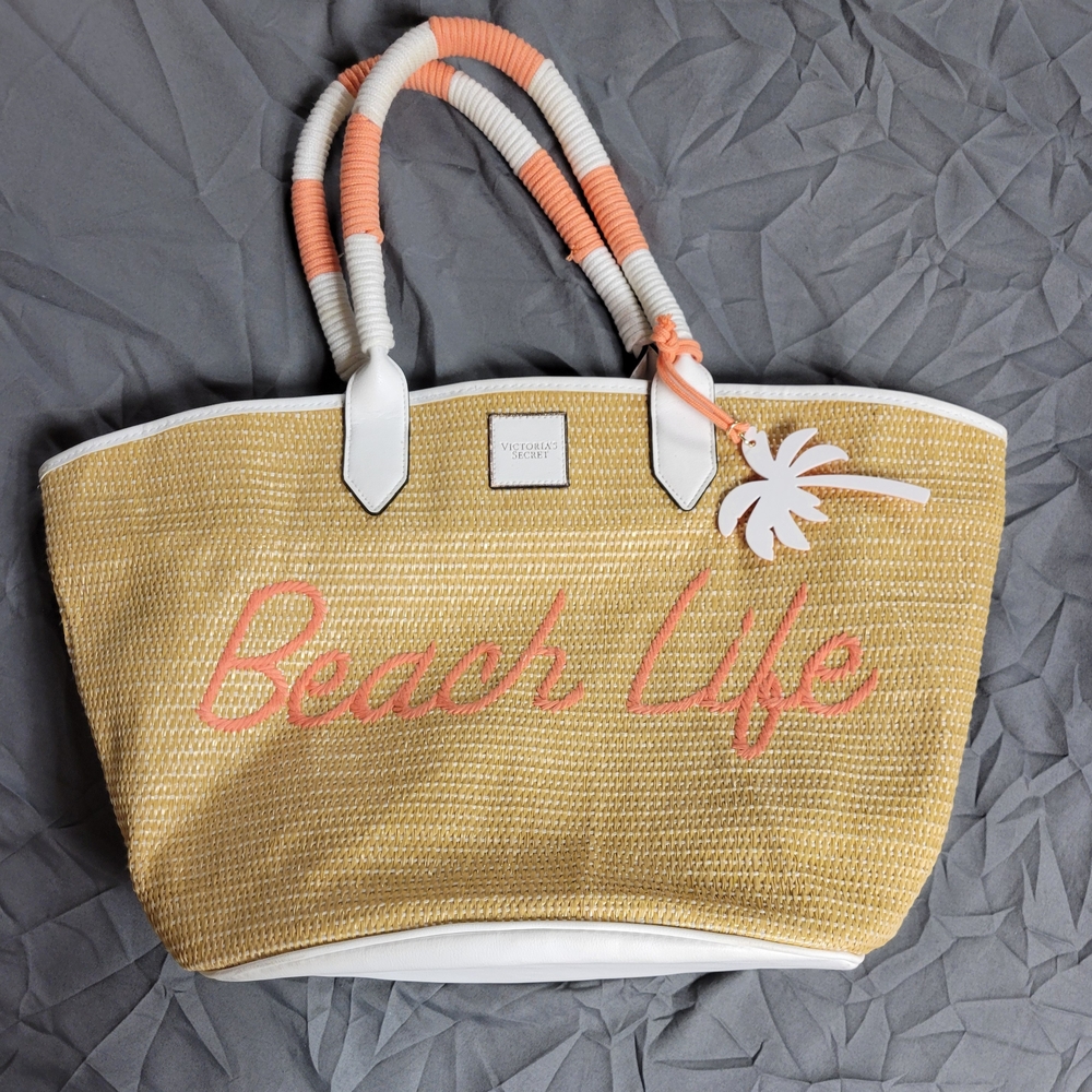 Victoria's Secret Tan and White Beach Life Woven Straw Tote Bag Orange Lining